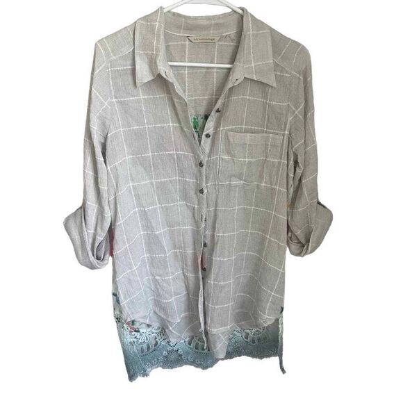 Soft Surroundings Gauze Cream Button Up Shirt Floral Cotton Rayon Size Small - Picture 2 of 7